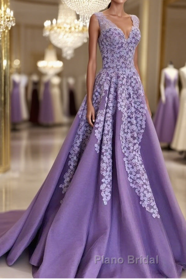 A Line V Neck Purple Long Formal Prom Dresses with Lace Appliques, V Neck Purple Formal Evening Dresses Main image