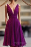 A Line V Neck Purple Sleeveless Chiffon Bridesmaid Dresses Knee Length Homecoming Dresses