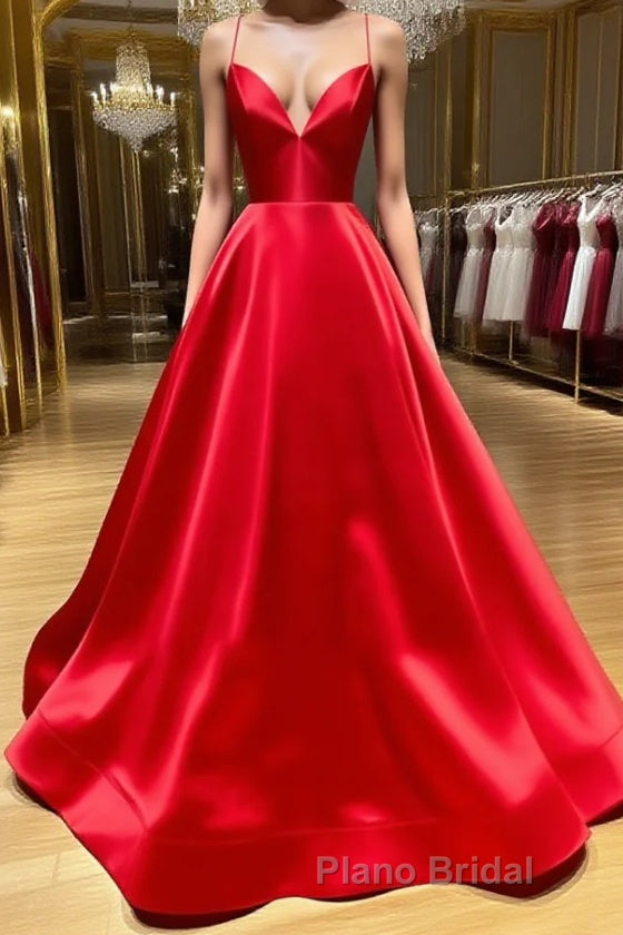 A Line V Neck Red Backless Formal Prom Dresses, Red Backless Long Formal Evening Graduation Dresses Main image