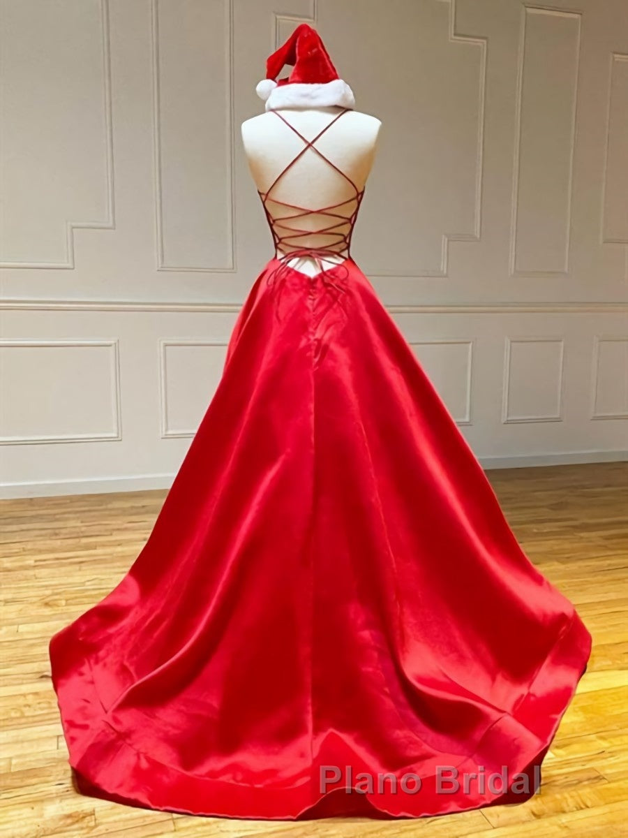 A Line V Neck Red Backless Formal Prom Dresses, Red Backless Long Formal Evening Graduation Dresses