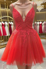 A Line V Neck Red Lace Short Formal Prom Dress, Red Lace Homecoming Dress