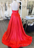 A Line V Neck Red Long Formal Prom Dresses, Red V Neck Long Formal Bridesmaid Dresses