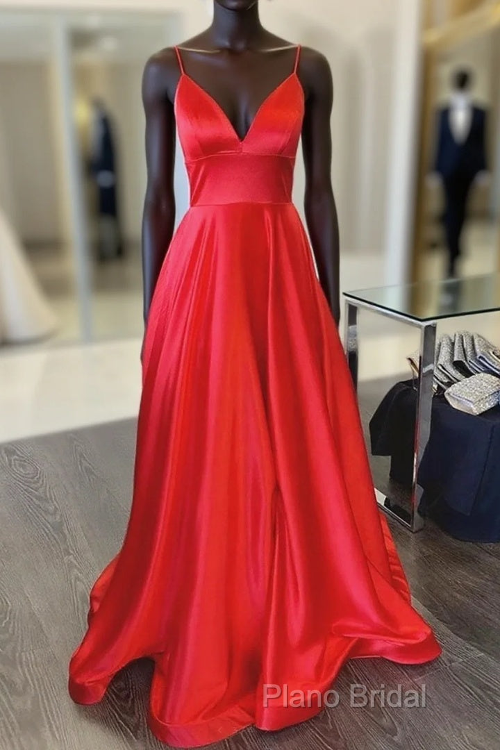 A Line V Neck Red Long Formal Prom Dresses, Red V Neck Long Formal Bridesmaid Dresses Main image