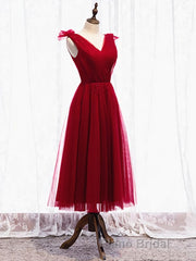 A Line V Neck Red Tea Length Formal Prom Dress with Corset Back, Red Tea Length Formal Graduation Dresses