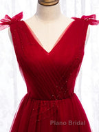 A Line V Neck Red Tea Length Formal Prom Dress with Corset Back, Red Tea Length Formal Graduation Dresses