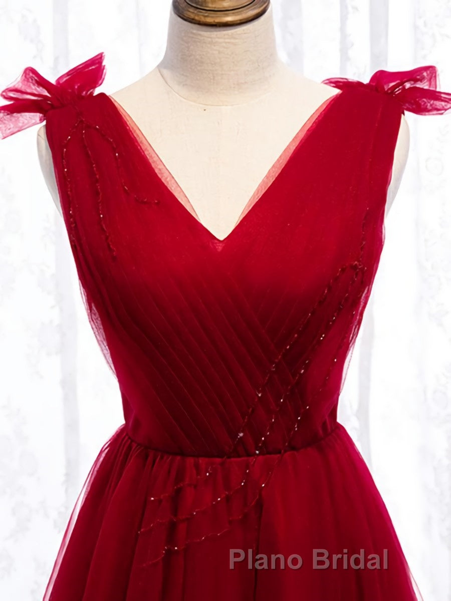 A Line V Neck Red Tea Length Formal Prom Dress with Corset Back, Red Tea Length Formal Graduation Dresses