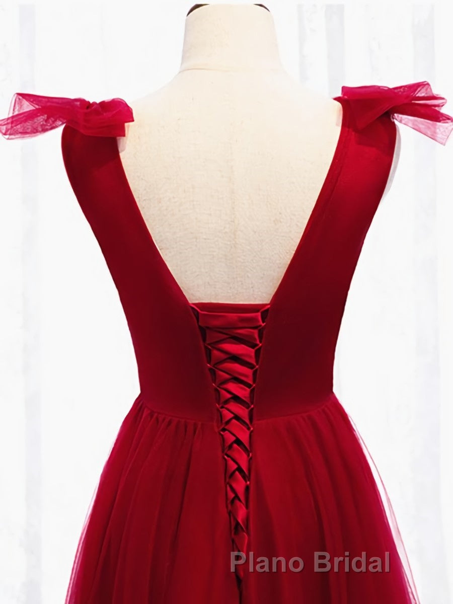 A Line V Neck Red Tea Length Formal Prom Dress with Corset Back, Red Tea Length Formal Graduation Dresses