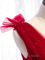 A Line V Neck Red Tea Length Formal Prom Dress with Corset Back, Red Tea Length Formal Graduation Dresses