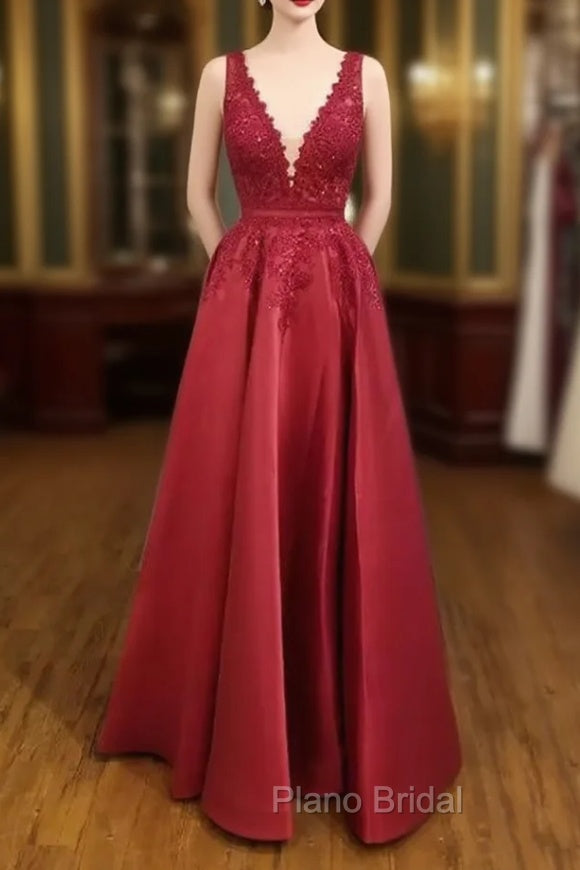 A-line V Neck Regular Straps Long/Floor-Length Satin Formal Prom Dresses With Appliqued Beading