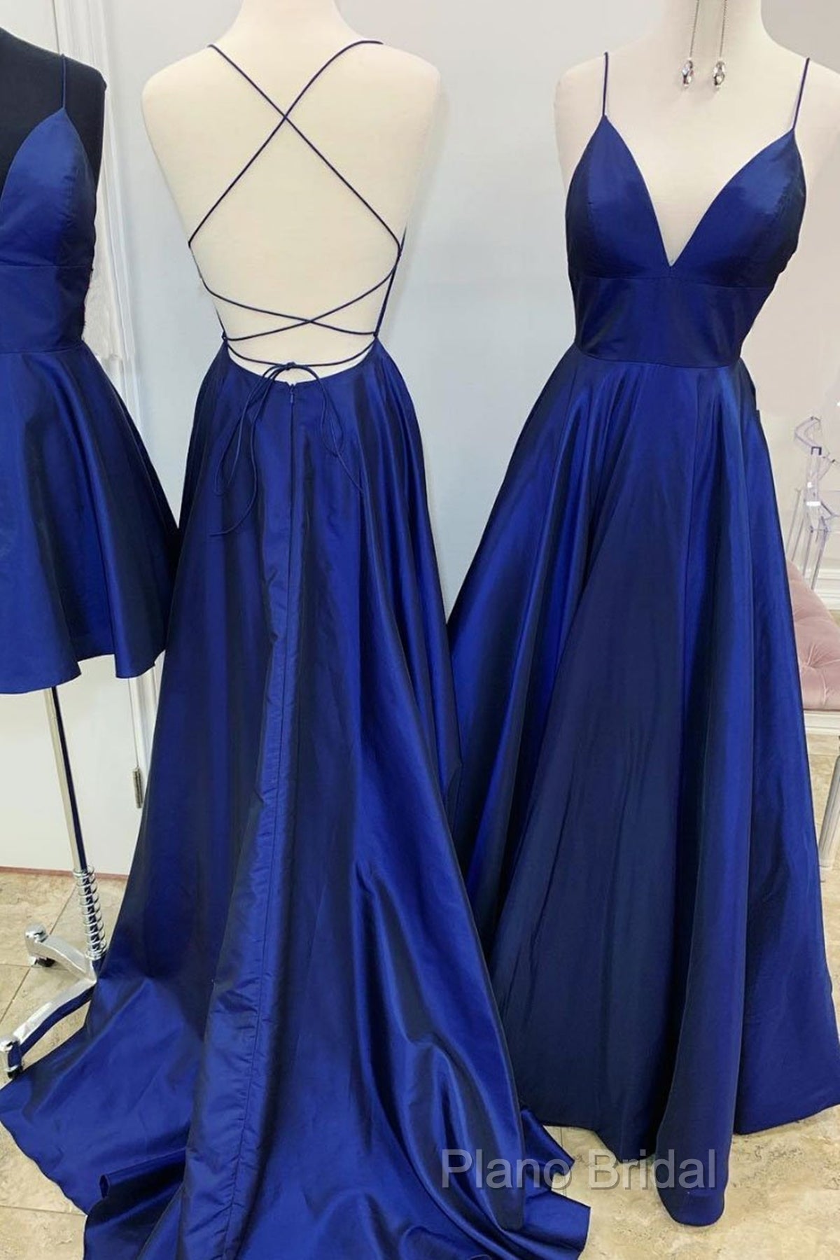A Line V Neck Royal Blue Backless Formal Prom Dresses, Royal Blue Backless Formal Bridesmaid Dresses Secondary image