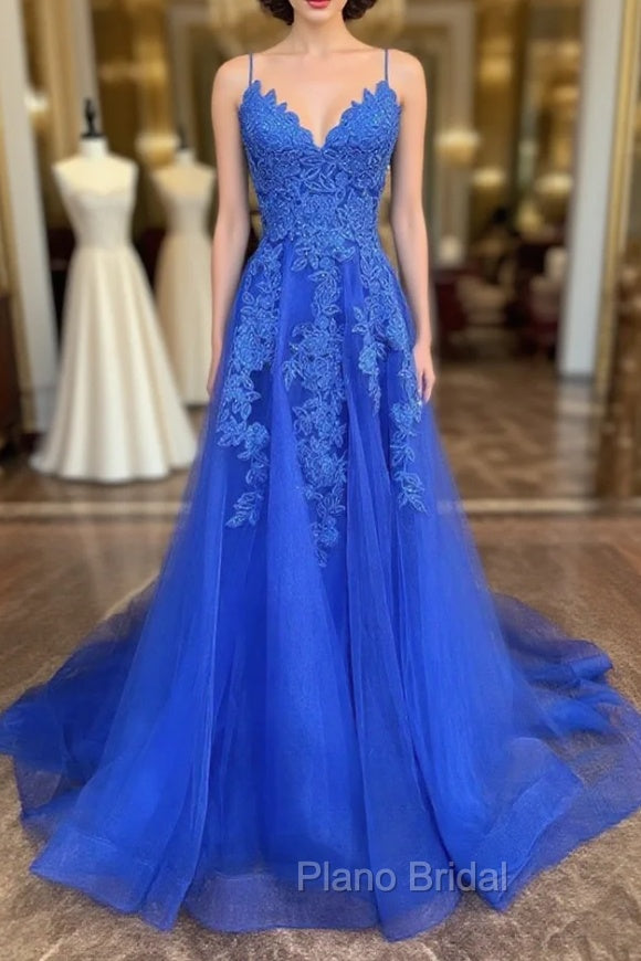 A Line V Neck Royal Blue Lace Formal Prom Dresses, Royal Blue Lace Formal Evening Dresses Main image