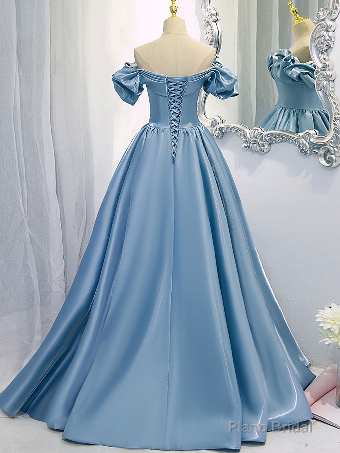 A-Line V Neck Satin Blue Long Prom Dress, Blue Formal Evening Dresses Main image