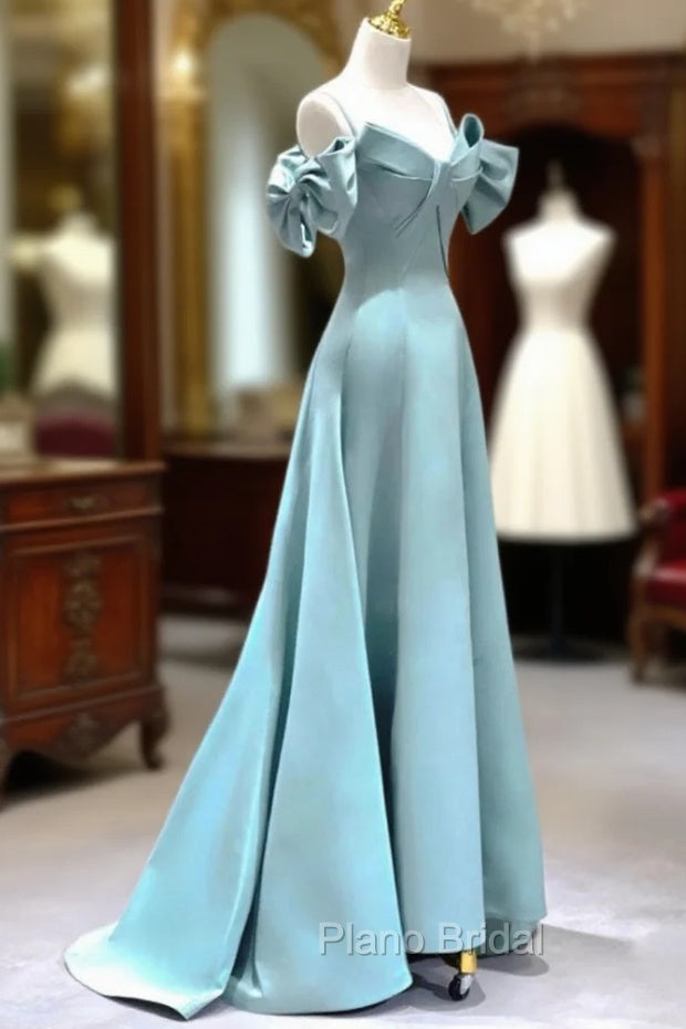 A-Line V Neck Satin Blue Long Formal Prom Dresses, Blue Formal Evening Dresses