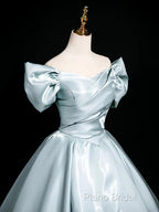 A-Line V Neck Satin Blue Long Formal Prom Dresses, Blue Long Formal Dresses