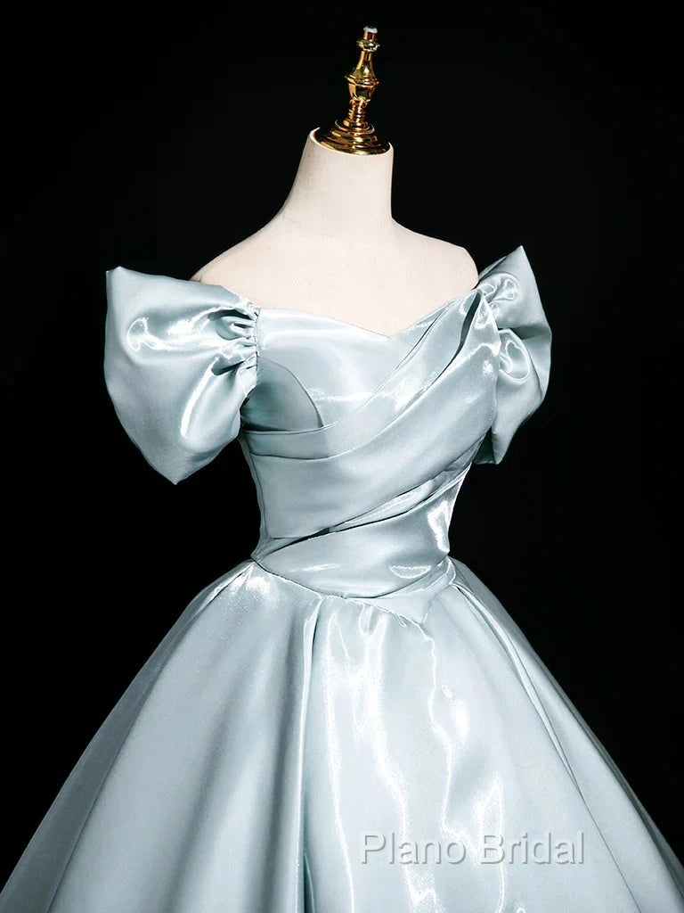 A-Line V Neck Satin Blue Long Formal Prom Dresses, Blue Long Formal Dresses