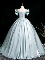 A-Line V Neck Satin Blue Long Formal Prom Dresses, Blue Long Formal Dresses