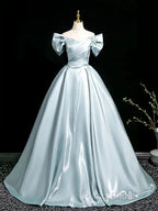 A-Line V Neck Satin Blue Long Formal Prom Dresses, Blue Long Formal Dresses