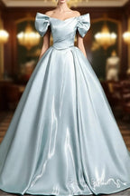 A-Line V Neck Satin Blue Long Formal Prom Dresses, Blue Long Formal Dresses