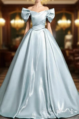 A-Line V Neck Satin Blue Long Formal Prom Dresses, Blue Long Formal Dresses