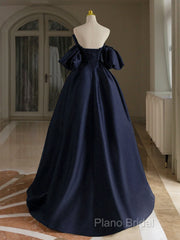 A-Line V Neck Satin Dark Blue Long Formal Prom Dresses, Dark Blue Long Formal Dresses