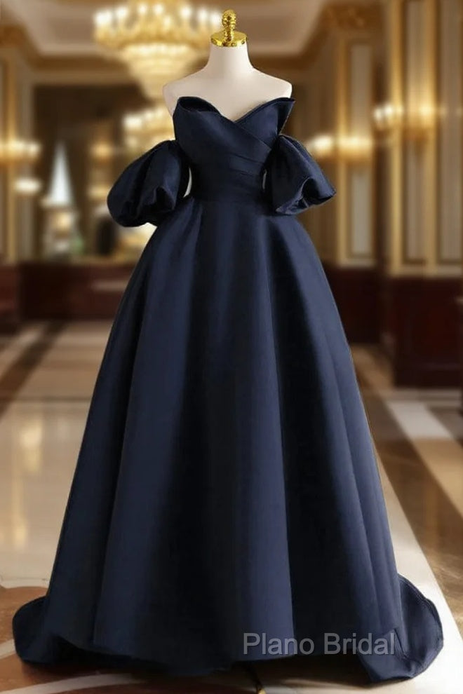 A-Line V Neck Satin Dark Blue Long Formal Prom Dresses, Dark Blue Long Formal Dresses Main image