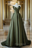 A-Line V Neck Satin Green Long Formal Prom Dresses, Green Long Evening Dresses