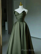 A-Line V Neck Satin Green Long Formal Prom Dresses, Green Long Formal Dresses