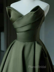 A-Line V Neck Satin Green Long Formal Prom Dresses, Green Long Formal Dresses