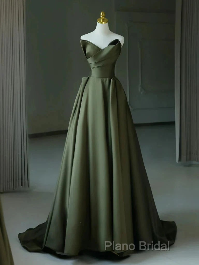 A-Line V Neck Satin Green Long Formal Prom Dresses, Green Long Formal Dresses