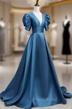 A-Line V Neck Satin Long Formal Prom Dresses, Blue Satin Long Evening Dresses
