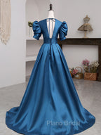 A-Line V Neck Satin Long Formal Prom Dresses, Blue Satin Long Evening Dresses