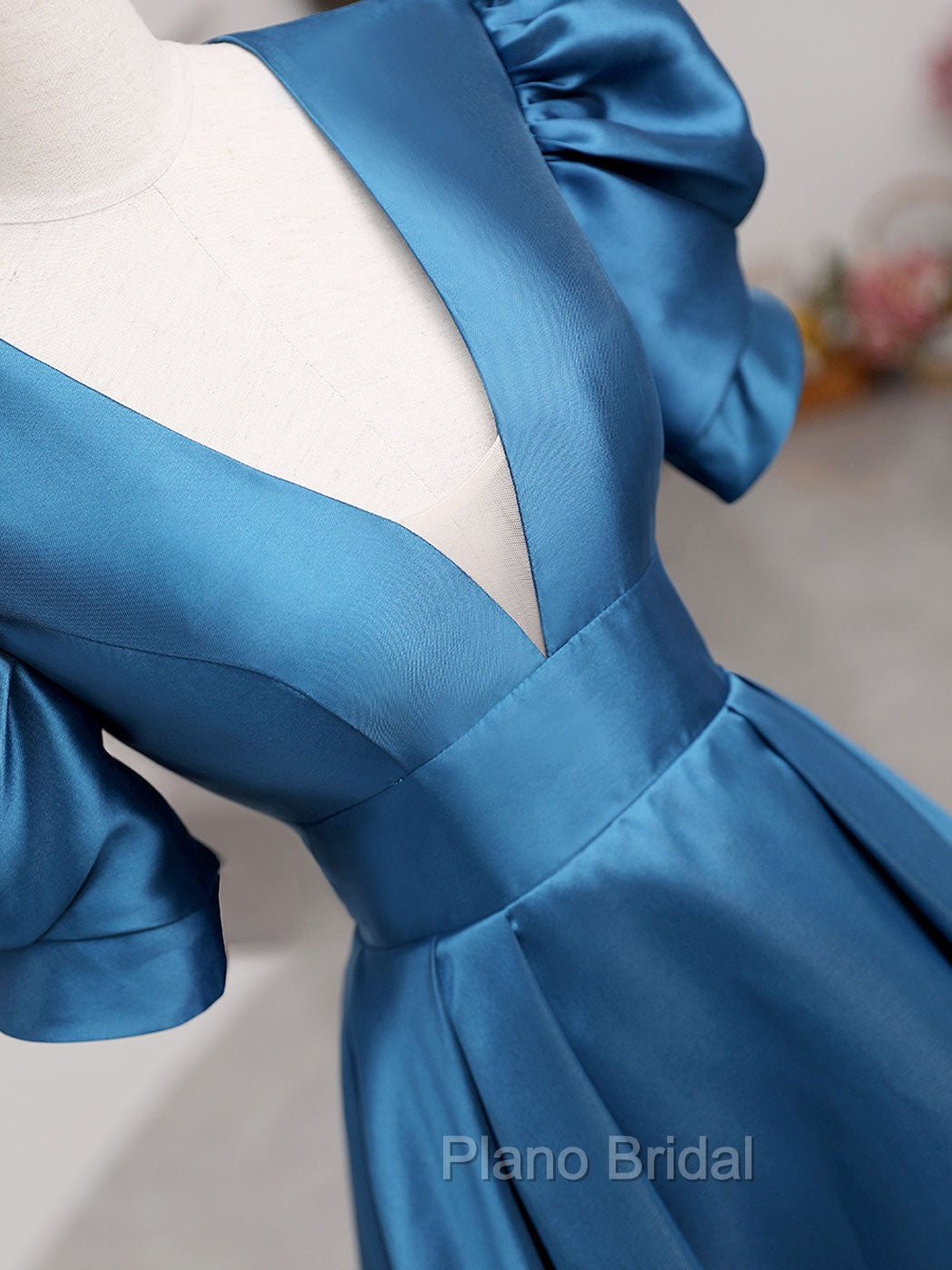 A-Line V Neck Satin Long Formal Prom Dresses, Blue Satin Long Evening Dresses