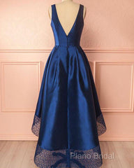 A Line V-Neck Satin Long Formal Prom Dresses With Lace