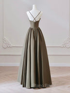 A-Line V Neck Satin Olive Green Long Formal Prom Dresses, Olive Green Long Formal Dresses