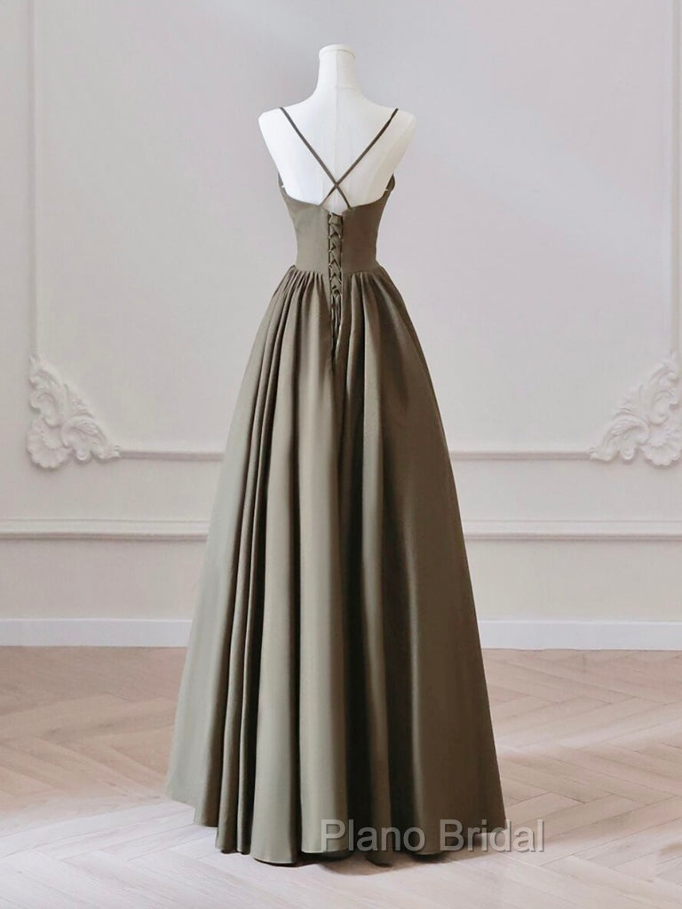 A-Line V Neck Satin Olive Green Long Formal Prom Dresses, Olive Green Long Formal Dresses