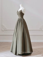 A-Line V Neck Satin Olive Green Long Formal Prom Dresses, Olive Green Long Formal Dresses