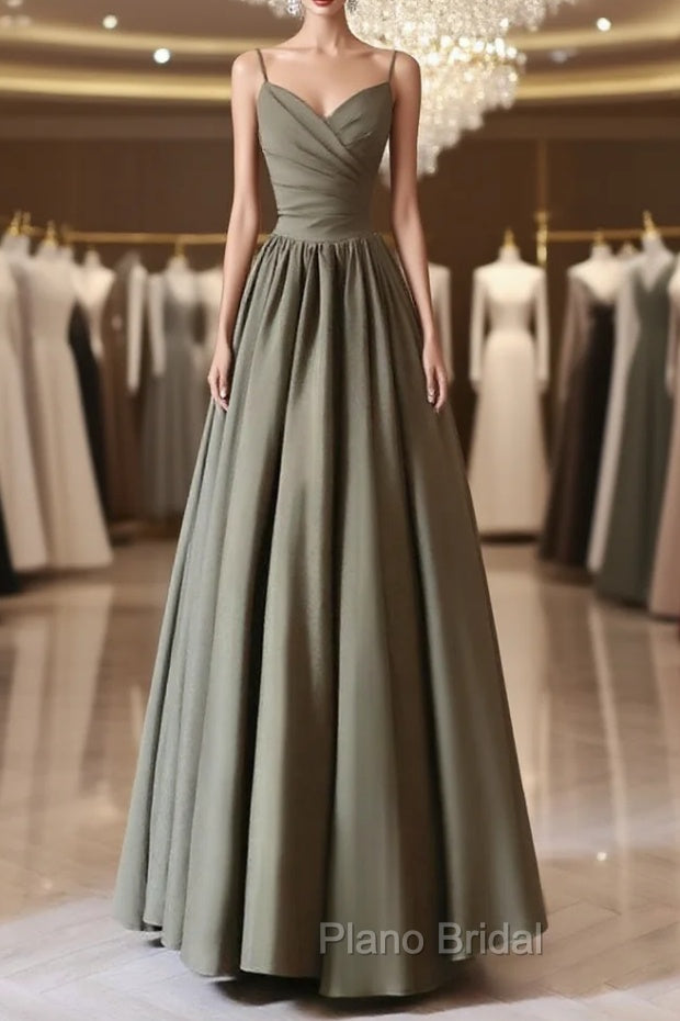 A-Line V Neck Satin Olive Green Long Formal Prom Dresses, Olive Green Long Formal Dresses