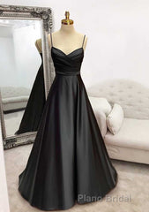 A-line Sweetheart Spaghetti Straps Satin Long Formal Prom Dresses with Pleated