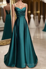 A-line Sweetheart Spaghetti Straps Satin Long Formal Prom Dresses with Pleated