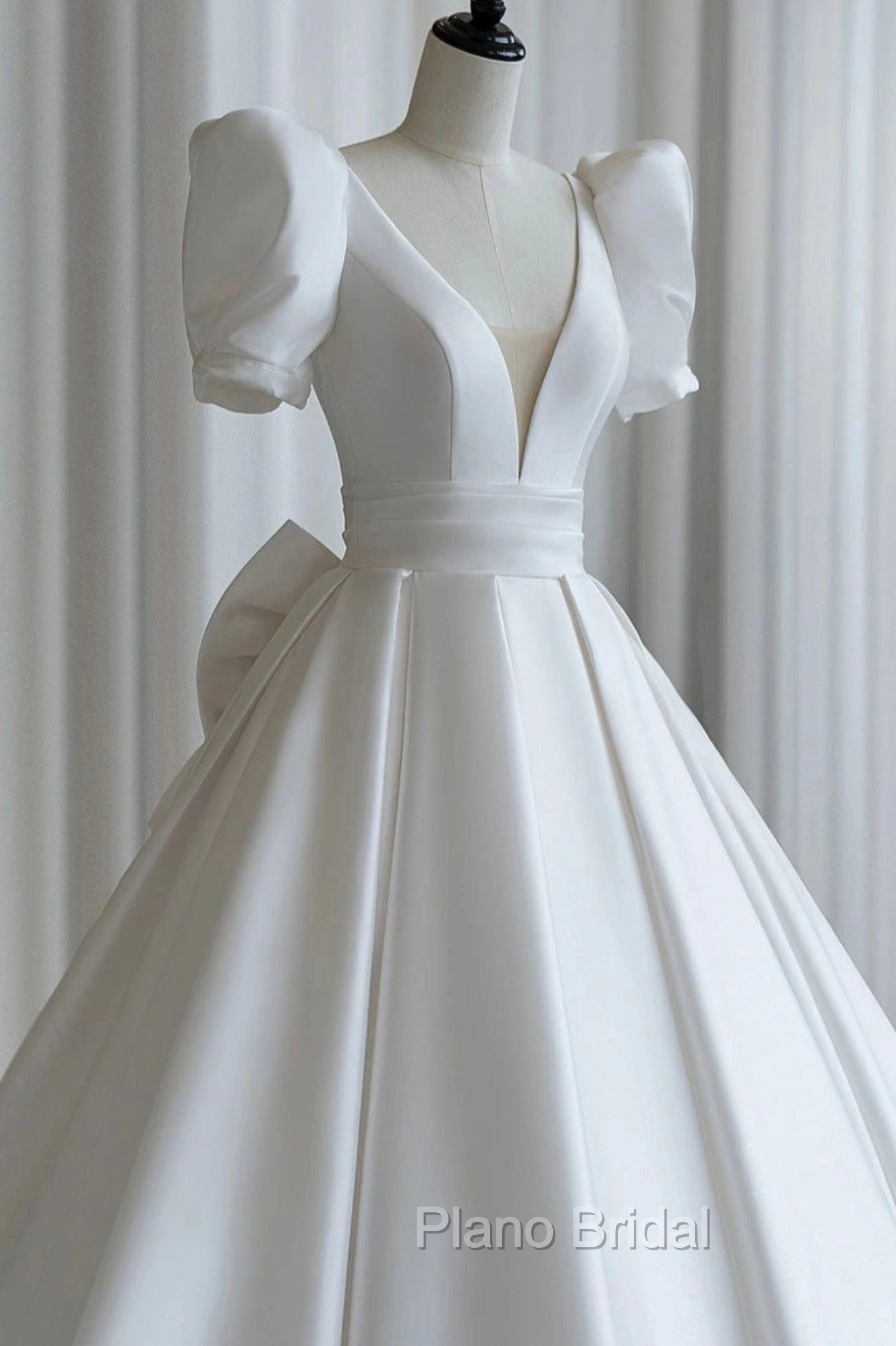 A-Line V-Neck Satin Wedding Dresses, White Short Sleeve Bridal Gown with Bow Secondary image