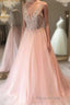 A Line V Neck Sequins Pink Long Formal Prom Dress, Pink Formal Graduation Evening Dress