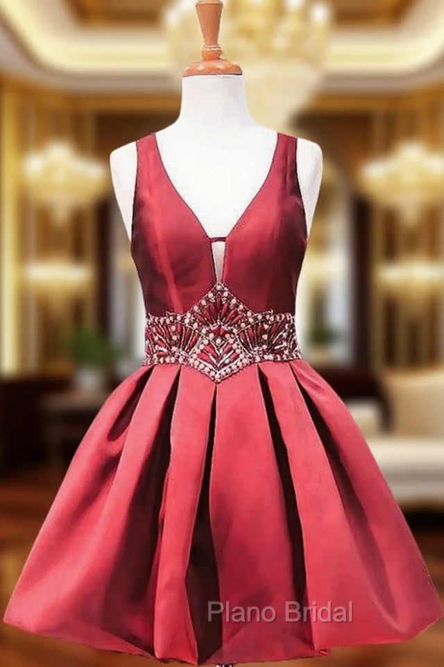 A-line V-neck Sheer Back Beaded Crystals Homecoming Dresses