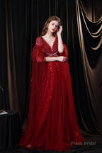 A Line V-neck Shiny Sequin Beaded Prom Dresses