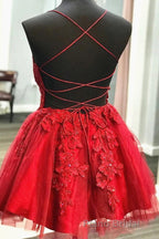 A Line V Neck Short Backless Red Lace Formal Prom Dresses, Short Red Backless Lace Formal Homecoming Dresses