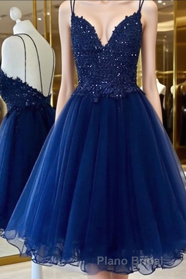 A Line V Neck Short Blue Formal Prom Dresses, Short Blue Lace Graduation Homecoming Dresses