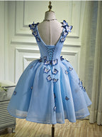 A Line V Neck Short Blue Formal Prom Dresses with Butterfly, Short Blue Formal Homecoming Dresses