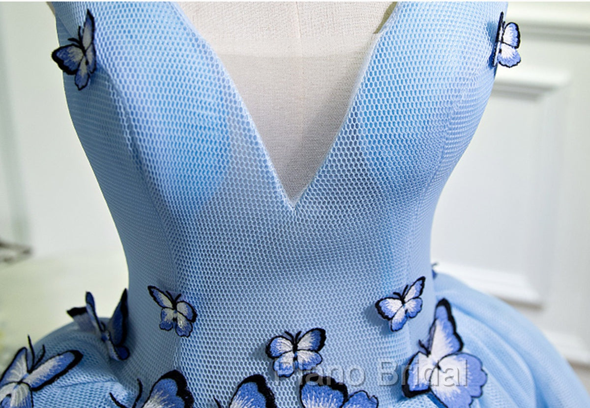 A Line V Neck Short Blue Formal Prom Dresses with Butterfly, Short Blue Formal Homecoming Dresses