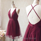 A Line V Neck Short Burgundy Backless Formal Prom Dresses, Short Burgundy Backless Formal Homecoming Dresses