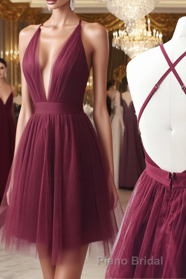 A Line V Neck Short Burgundy Backless Formal Prom Dresses, Short Burgundy Backless Formal Homecoming Dresses Main image