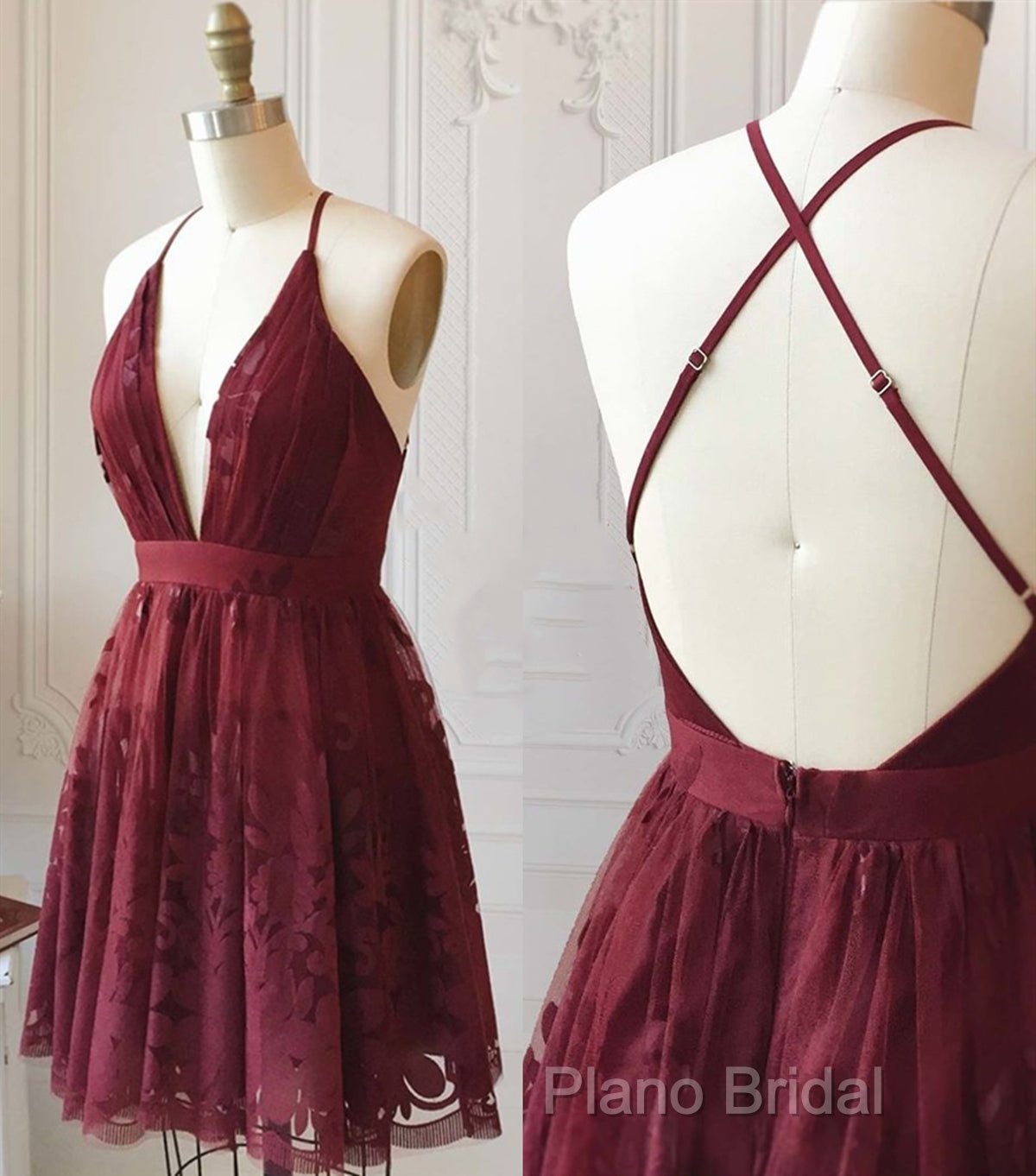 A Line V Neck Short Burgundy Lace Formal Prom Dresses, Short Burgundy Lace Formal Homecoming Dresses Secondary image